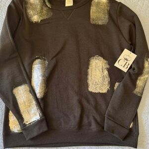 Women's  Black Crewneck Sweater with Distressed Gold Accents